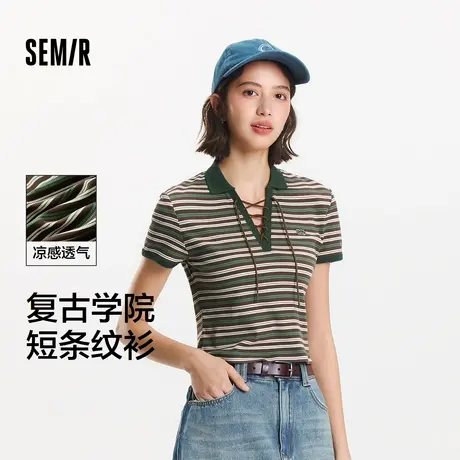 森马POLO衫女短款紧身绑带辣妹学院风2025新款夏季凉感条纹衫复XY图片