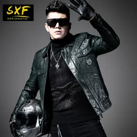 SXF圣希梵男士皮夹克 真皮拼接山羊皮加厚外套冬季新款翻领皮衣男商品大图