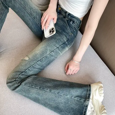 微喇牛仔裤女2023年春秋新款高腰修身显瘦复古做旧小破洞喇叭裤潮商品大图