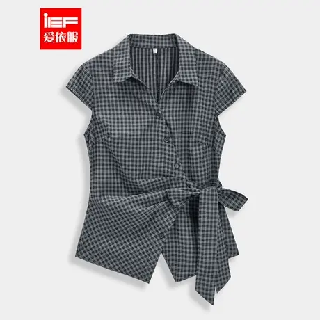 IEF/爱依服2025夏季新款韩版时尚通勤气质复古格子收腰设计感上衣图片