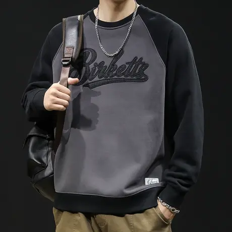 潮牌卫衣男秋冬款圆领加绒加厚重磅衣服冬季2023新款长袖大码撞色商品大图