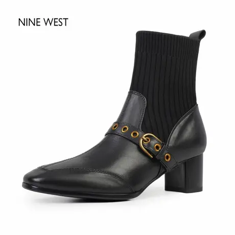 奥莱专供Nine West/玖熙英伦风复古方头弹力瘦瘦靴袜靴粗跟短靴女图片