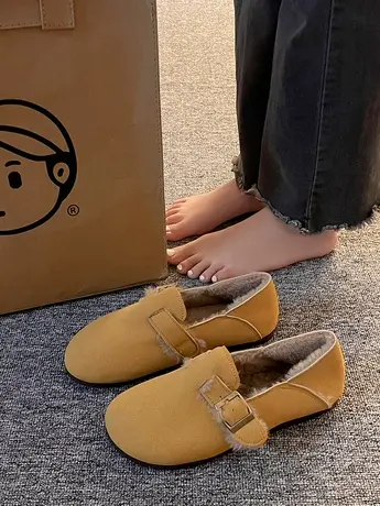 勃肯鞋女加绒豆豆鞋2023年新款冬季一脚蹬懒人孕妇毛毛鞋丑萌女鞋商品大图