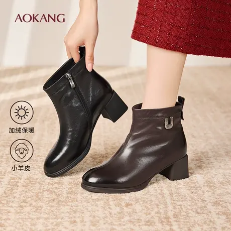 奥康 女鞋2025冬季时装靴羊皮革加绒保暖粗跟增高短靴门店发货商品大图