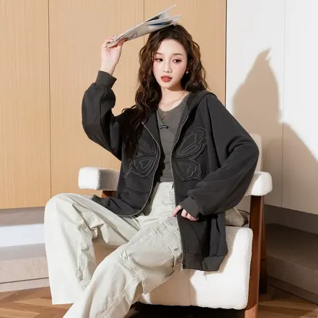 唐狮秋季新款休闲外套女连帽蝴蝶刺绣美式慵懒chic外套上衣流行tu图片