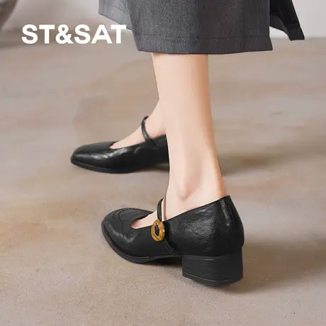 星期六玛丽珍鞋女2026新款巨好看法式黑色真皮粗跟一字扣软底单鞋商品大图