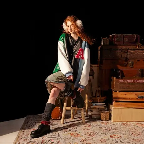 美式风街头棒球服棉服女拼接冬季加厚PU皮外套新款复古宽松棉衣潮图片