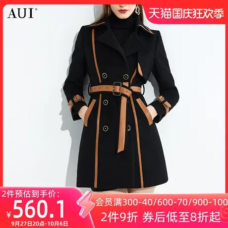 AUI小个子黑色毛呢西装外套女冬2023新款时尚气质撞色呢子大衣厚图片
