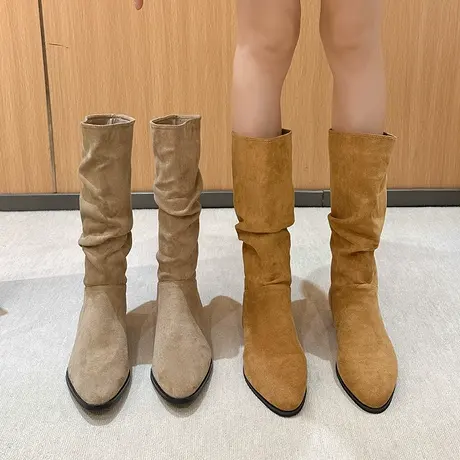 高级感欧美内增高堆堆靴褶皱高跟骑士靴西部牛仔长筒靴女绒面靴子商品大图