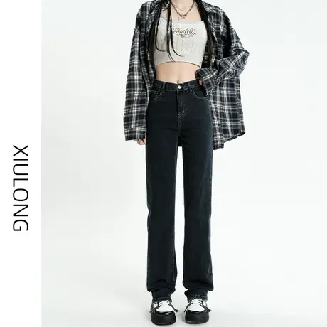 高腰黑色加绒牛仔裤女秋冬季2023年新款显瘦加厚保暖直筒烟管裤子图片