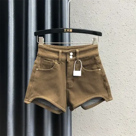 小个子A字阔腿裤靴裤女秋冬新款咖啡色辣妹高腰小众加绒牛仔短裤图片