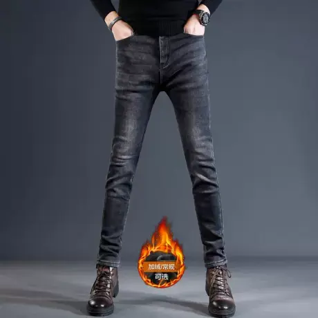 高端黑灰加绒加厚牛仔裤男冬季修身小脚2023新款弹力男士裤子秋冬商品大图
