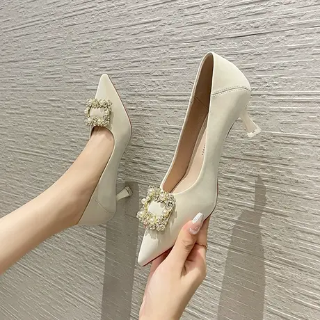 法式高跟鞋女细跟2023新款秋季水钻方扣尖头小众气质名媛中跟单鞋图片