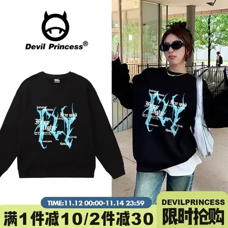 美式街头风潮牌设计感字母印花黑色无帽卫衣女大版甜酷加绒款上衣商品大图