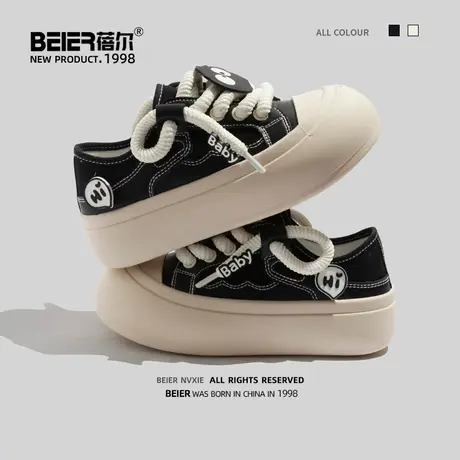 蓓尔大头帆布鞋女ins潮小黑鞋秋季新款运动休闲女鞋学院风黑色鞋商品大图