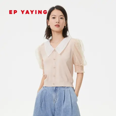 EP雅莹女装 减龄娃娃领泡泡袖蕾丝拼接针织衫 商场同款9515A图片