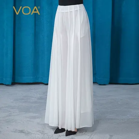 VOA真丝乔其纱茶白色育克褶双层轻薄飘逸自然腰百搭桑蚕丝裙裤图片