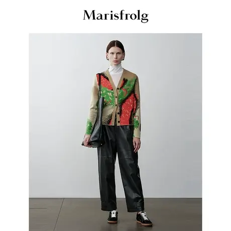 【高迪艺趣】玛丝菲尔冬花色V领长袖绵羊毛开衫针织衫图片