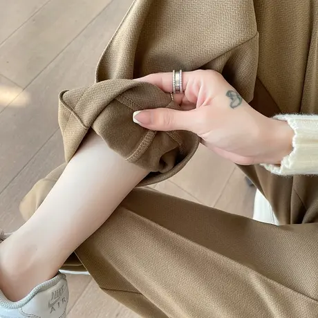 毛呢烟管裤女秋冬新款高腰休闲百搭显瘦宽松阔腿小个子九分直筒裤图片