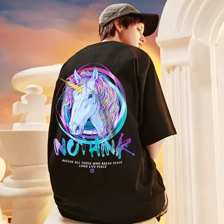 欧美高街潮牌夏季独角兽短袖T恤男潮oversize半袖大码青少年体恤商品大图