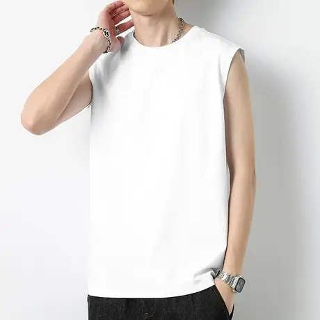 重磅男士背心纯棉夏季跨栏篮球健身运动纯色白色坎肩宽肩无袖t恤商品大图