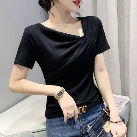 网红性感T恤女短袖2023年新款设计感扭结个性上衣修身显瘦打底衫商品大图