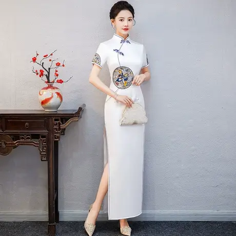 旗袍改良版2025年新款中国风长款气质白色走秀高端演出服复古年轻图片