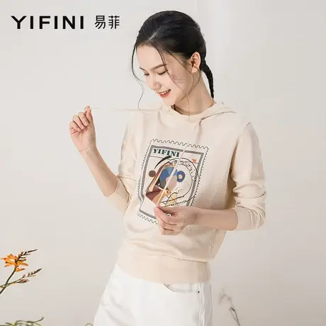 Yifini/易菲宽松毛织卫衣女杏色春秋新款连帽套头针织衫上衣商品大图