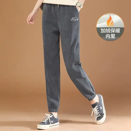 韩潮袭人2023冬季新款松紧腰刺绣加绒灯芯绒束脚休闲运动裤卫裤女图片