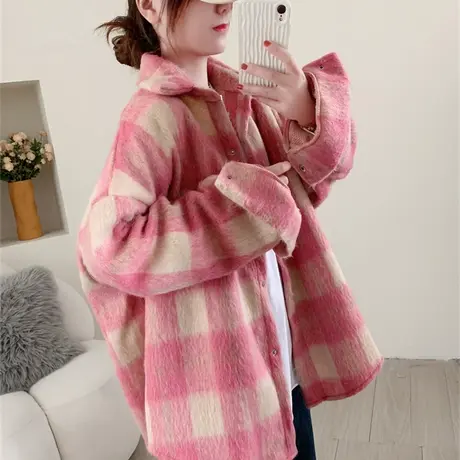 复古磨毛加厚毛呢格子衬衫女秋冬2023新款宽松慵懒风百搭外套上衣商品大图