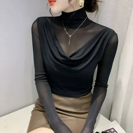 名媛气质T恤女装设计感洋气网纱上衣紧身加绒打底衫女长袖春秋冬商品大图