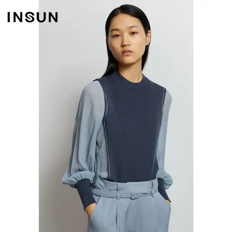 INSUN恩裳秋季桑蚕丝拼接撞色毛针织衫商品大图