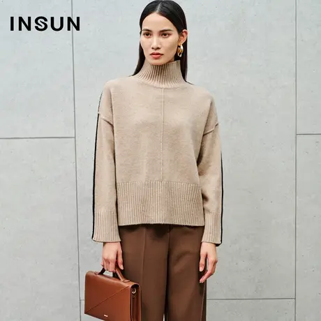 INSUN恩裳线上专选冬季羊绒羊毛宽松高领撞色针织衫商品大图
