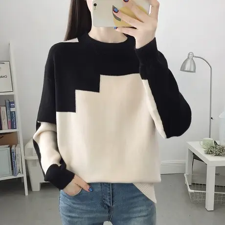 洋气不规则设计感拼色套头针织打底衫毛衣女秋冬新款保暖上衣韩版商品大图