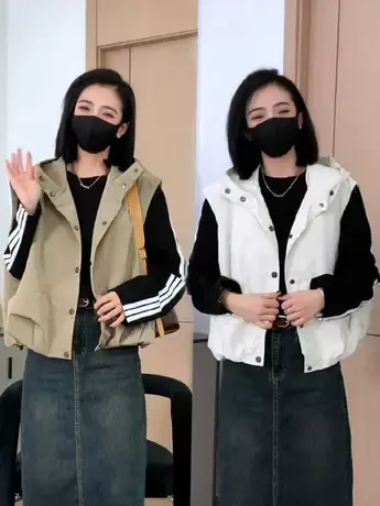 欧货连帽马甲女短款2023秋季新款小个子洋气工装背心坎肩马夹外套商品大图