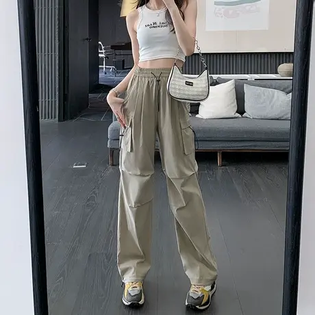 工装裤女夏季薄款高腰直筒显瘦阔腿束脚宽松休闲两穿灯笼运动裤子商品大图