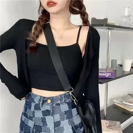 吊带两件套女夏季网红背心上衣叠穿防晒外套开衫黑色炸街辣妹套装商品大图