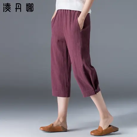 棉麻七分裤女夏薄款7分直筒裤马裤松紧腰休闲裤子宽松苎麻阔腿裤商品大图