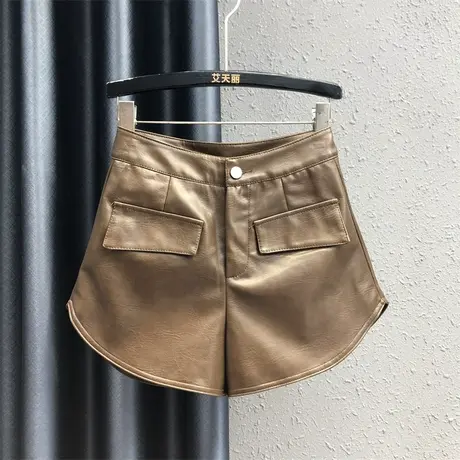 欧货个性假口袋A字阔腿裤女23秋冬新款不规则气质百搭休闲皮短裤图片