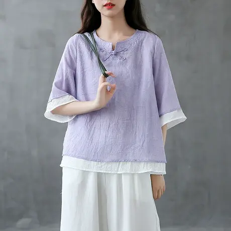 dza文艺盘扣假两件棉麻T恤女士短袖体恤夏装2022新款宽松亚麻上衣商品大图