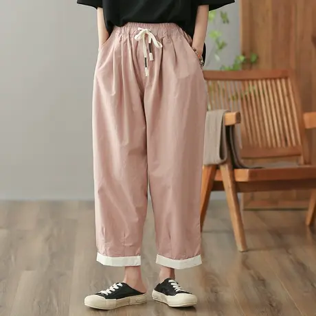 dza 高腰显瘦纯棉休闲裤女2023夏季九分哈伦裤宽松百搭直筒阔腿裤图片