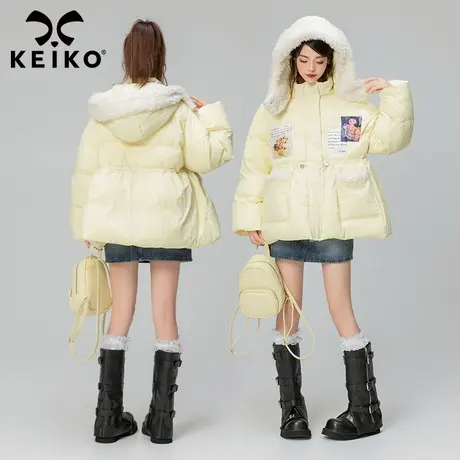 KEIKO 设计感鹅黄色连帽棉服棉袄女加厚文艺风贴布印花保暖外套商品大图