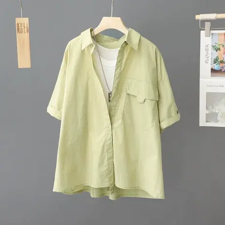 2024夏季新款纯色短袖衬衫女纯棉宽松百搭叠穿衬衣薄款设计感上衣商品大图