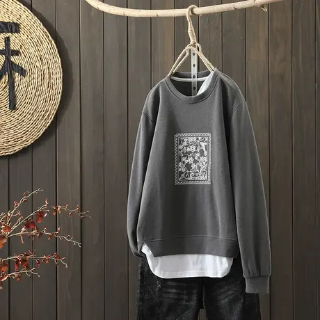 枫谜2021年秋装新款文艺简约假两件印花卫衣女宽松显瘦圆领上衣商品大图