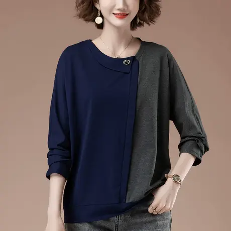 长袖t恤女春秋加肥加大码女装宽松中年胖妈妈纯棉拼接显瘦打底衫商品大图