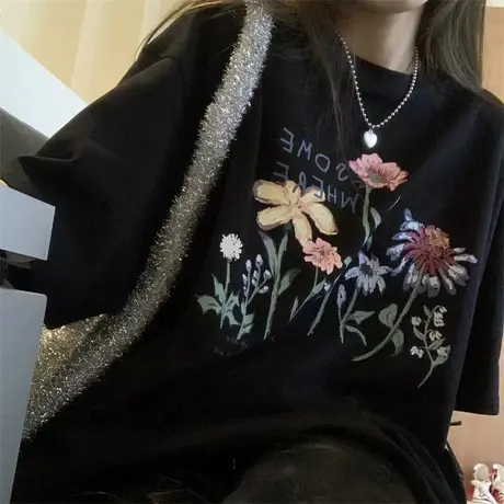 ins超火设计感小众印花短袖T恤女夏韩版潮网红学生宽松半袖上衣服商品大图