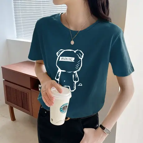 纯棉短袖t恤女小熊印花白色半袖2022年新款春夏宽松体恤内搭上衣图片