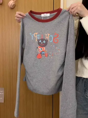 红续卡通小熊字母拼色长袖T恤女小个子减龄显瘦内搭上衣秋冬新款图片