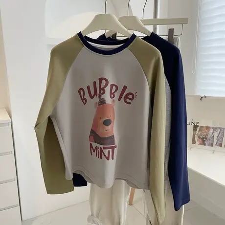 复古减龄插肩长袖！韩版显白卡通字母短款小个子宽松上衣圆领卫衣图片