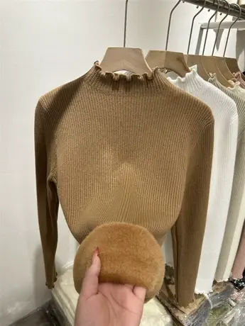 2023冬季新款木耳边坑条纹加绒加厚针织衫女保暖一体绒打底衫毛衣商品大图